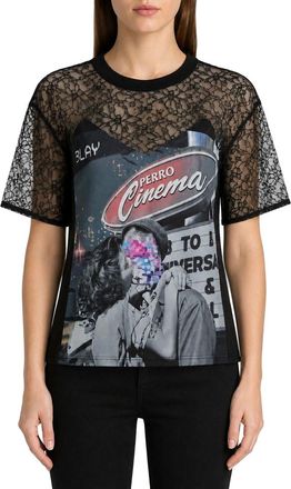 Pinko Lace-Sleeve Graphic T-Shirt - Gray