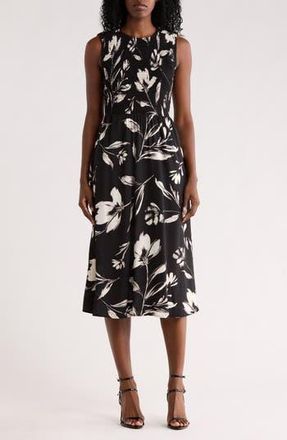 Calvin Klein Smocked Sleeveless Fit & Flare Midi Dress in Black Cream at Nordstrom Rack, Size 10