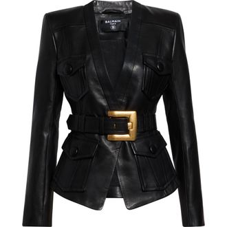 Balmain Belted Leather Jacket in 0Pa Black at Nordstrom, Size 4 Us