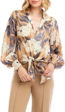 Karen Kane Floral Tie Front Satin Top in Print at Nordstrom, Size X-Small P