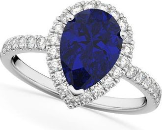 Allurez Pear Cut Halo Blue Sapphire & Diamond Engagement Ring 14K in 3.01Ct/white Gold at Nordstrom, Size 8.5