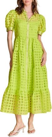 English Factory Grid Pattern Tiered Midi Shirtdress in Neon Green at Nordstrom, Size X-Small