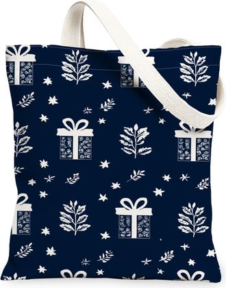 Generic Navy Gift Pattern Canvas Tote, Floral Leaves Reusable Grocery Bags, Winter Vintage Washable Shoulder Strap Canvas Bags for, Navy, 13x15 Inch
