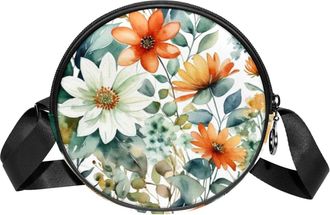 Generic Circle Crossbody Bag for Women, Floral Leaves Small Sling Bag Daypack with Zipper Adjustable Shoulder Straps Casual Ladies Girls Round Purse