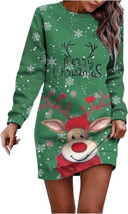 Generic Christmas Dresses for Women Oversized Christmas Dress Long Sleeve Jumper Crew Neck Xmas Graphic Print Sweatshirt Winter Casual Midi Dress Party Costum