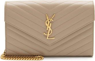 Saint Laurent Beige Matelasse Grain De Poudre Leather Monogram Chain Wallet (Authentic Pre-Loved)