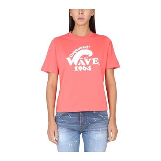 Dsquared2 Tops, Dames, Roze, S, Katoen, Graphic Printed Crewneck T-Shirt