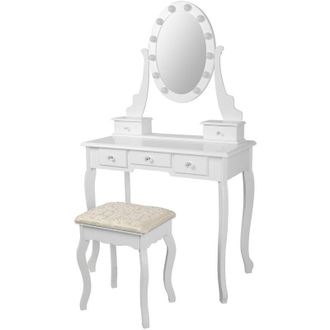 ML Design Ml-design Tocador Cl&aacute;sico Con Taburete Y Luces Led Espejo 5 Caj&oacute;nes De Almacenamiento 80x129x40 Cm Blanco Fabricado En Madera Mdf Mesa De Peluquer&iacute;a C