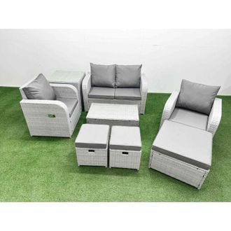 Fimous Light Grey pe Wicker Rattan Garden Furniture Set Sofa Set Reclining Adjustable Chair Rectangular Coffee Table 7 Seater 3 Stools 2 Side Table - Fimous