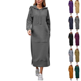 Generic Winter Dresses for Women UK Plus Size Hooded Sweatshirt Dress Ladies Pullover Jumper Long Sleeve Midi Maxi Hoodie Dress with Pocket