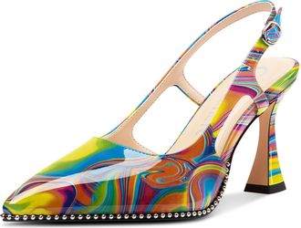 Castamere Womens Slingback Chunky High Heels Close Pointed Toe Dressy Pumps Wedding Party Shoes 9 CM Heels Colorful Graffiti 6.5 UK