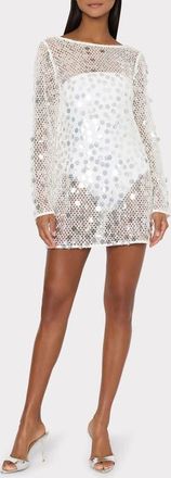 Milly Paillette Long Sleeve Sheer Open Stitch Cover-Up Dress in White at Nordstrom, Size Medium