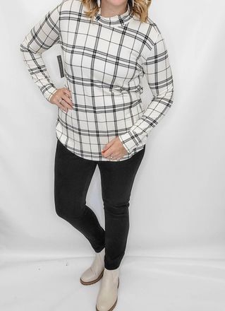 Multiples Plaid Layering Mock Neck Top In Black & Cream