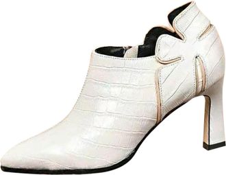 Generic Womens Floral Ankle Boots Fashionable Retro Pattern Pointed Toe Slim Heel Zippered Footwear for Elegant Style (White, 4.5)