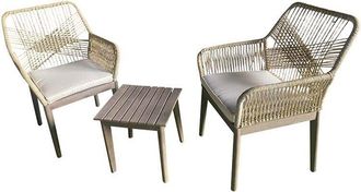 Gardenia Set bistrot Ilaria, struttura in acacia e acciaio, con corda in PE, composto da: 1 tavolo 40x40xh.40 cm + 2 poltrone 62x62xh.88 cm + cuscini