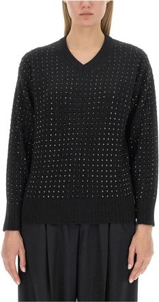Sportmax Trui met V-hals en Kristalversiering - Dames - V-hals truien - Zwart - M - Wol - Truien & Vesten