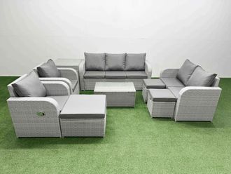 Fimous PE Rattan Garden Furniture Set Adjustable Chair Sofa Double Love Seat 2 Seater Sofa Lounge Set Oblong Coffee Table 3 Stools Side Table Light