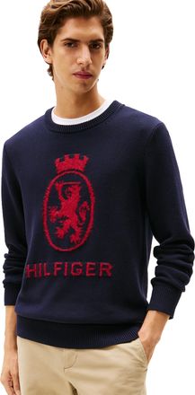 Tommy Hilfiger Mens Cotton Crest Crewneck Sweater Lightweight Pullover, Desert Sky/Regatta Red, XXL