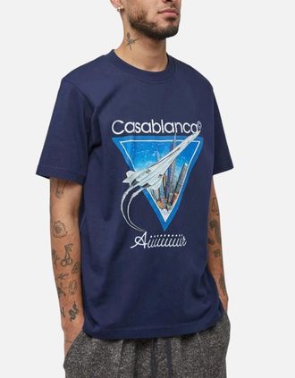 Casablanca Mens CASABLANCA Mens T Shirt AIR Printed Short Sleeve - Navy - Size: 34