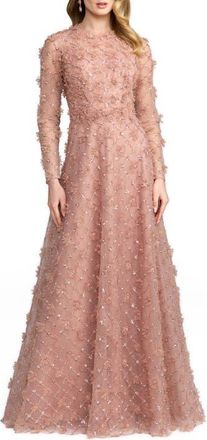 Mac Duggal High Neck Long Sleeve Floral Embellished A-Line Gown in Mocha at Nordstrom, Size 14
