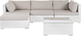 Beliani Right Hand Garden Sectional Sofa w/ Coffee Table White Faux Rattan Beige Cushions Sano