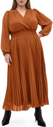 City Chic Sheer Finley Long Sleeve Chiffon Dress in Ginger at Nordstrom, Size Xxl