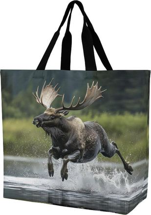 Generic Running Moose In Water Tote Bag Reusable Grocery Shopping Bags Large Travel One Shoulder Handbag for Picnic Work