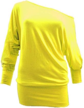 Generic Crazy Girls Womens Long Sleeve One Off-Shoulder Plain Baggy Batwing Top UK8-24 (UK16/18, Yellow)