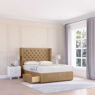 Sloomy Dior Dumfries Wingback Bed Set, 2 Drawers & 54 Floor Standing Headboard in Light Beige | Size: Super King
