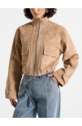 Mani&egrave;re De Voir Nawel Suede Contrast Stitch Jacket With Cinched Hem in Beige at Nordstrom, Size 16