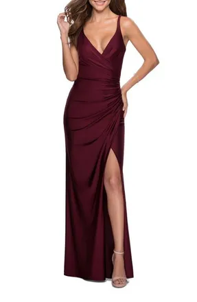 La Femme Ruched Jersey Prom Dress with Tie Up Back in Dark Berry at Nordstrom, Size 10