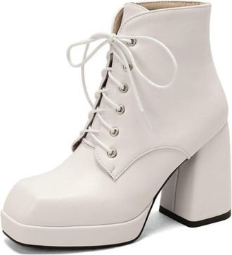 Generic Womens Square Toe Platform Chunky Heel Ankle Boots Lace-Up Punk Booties,White,5.5 UK