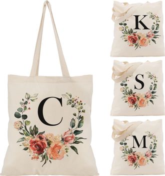 Generic Floral Initial Tote Bag - 15x16 Canvas Bags for Women - Bridesmaid Hen Party Shopping Large Bag Teacher Birthday Gift C2 (Initial C)