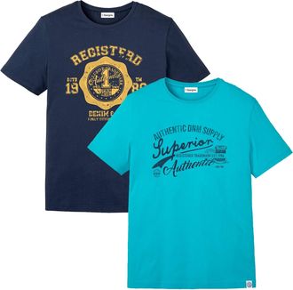 Bonprix T-Shirt BONPRIX, Herren, Gr. 60/62 (XXL), smaragd, dunkelblau bedruckt, Jersey, Obermaterial: 100% Baumwolle, bedruckt, mehrfarbig, unifarben, regular