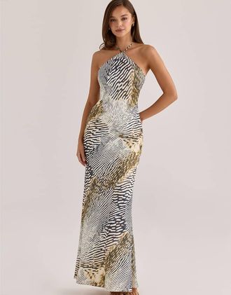House of CB Luna - Vestito sottoveste lungo allacciato al collo in raso animalier-Multi