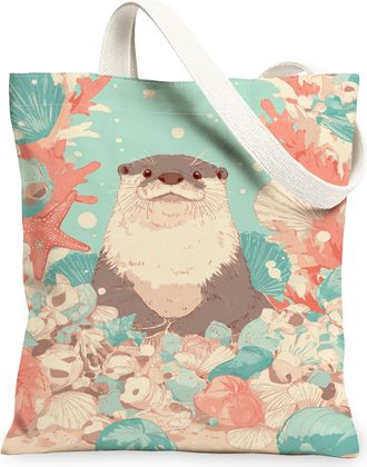Generic Otter Coral Canvas Tote Bags, Marine Life Pattern Reusable Grocery Bags, Summer Vintage Lightweight Washable Shoulder Strap, Blue, 13x15 Inch