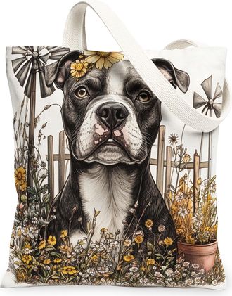 Generic Spring Pitbull Dog Canvas Tote Bag for Shopping 13x15, Farmhouse Country Puppy Reusable Grocery Print Bag for Women, Farm Pet Beach Aesthetic Painting