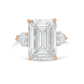 Diana M. Jewels 18kt Rose gold Lab grown 6ct Emerald diamond ring with heart diamonds on the side and micropave band