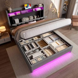 Direct Wicker 135*190cm Double Padded storage bed with LED lighting, USB Type-C in Dark Grey