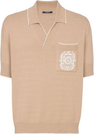Balmain Geborduurd Logo V-hals Korte Mouw T-shirt - Heren - Polos - Beige - S - Tops