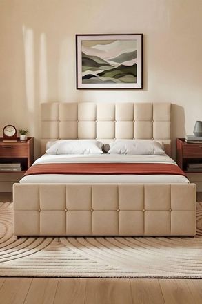 Home Discount Vida Designs Valentina Double Ottoman Bed Frame Storage Beige Linen | Size: Double