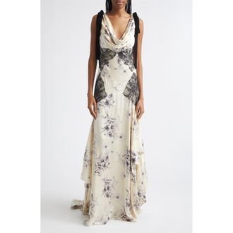 Cinq &agrave; Sept Handsketched Floral Lace Inset Gown in Gardenia/black at Nordstrom, Size 12