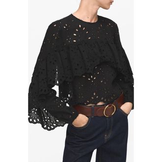 Mango Molly Embroidered Eyelet Flutter Sleeve Top in Black at Nordstrom Rack, Size 8
