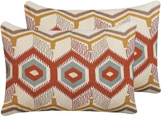 Beliani Conjunto De 2 Cojines De Algod&oacute;n Beige Naranja 40 X 60 Cm Hecho A Mano Majra
