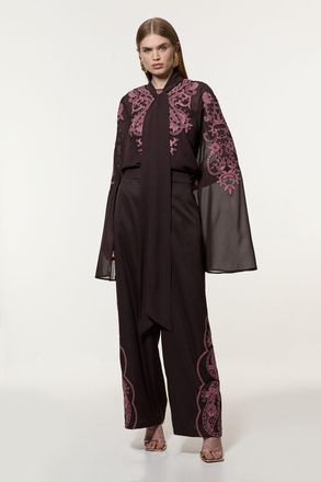 Karen Millen Womens Tall Cutwork Beaded Twill Wide Leg Woven Trouser - Chocolate - Size 10 UK