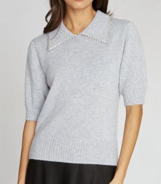 Autumn Cashmere Peter Pan Collar Top With Rhinestone Trim In Cinderblock