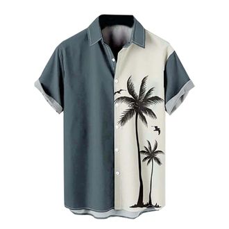 Generic Mens Summer Hawaiian Shirts Button Down Casual Tropical Caribbean Short Sleeve Shirt Cuban Hawaiian Palm Tree Funny Trendy Vacation Graphic Bowling Sh