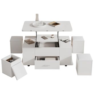 STILVORA Mesa De Centro Elevable Con 1 Caj&oacute;n Y 4 Taburetes Con Almacenaje, Doble Tapa Hidr&aacute;ulica, Estilo Moderno, En Tablero De Part&iacute;culas, Blanco