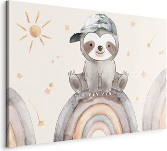OEM Imagen - Perezoso Feliz - Un Perezoso De Colores Apagados Con Una Gorra De B&eacute;isbol Sentado Sobre Un Arco&iacute;ris Entre Estrellas / Animal Entre Estrellas 