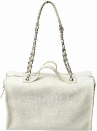 Chanel ivory Canvas Leather Boston Bag Shoulder Bag (Pre-Owned)